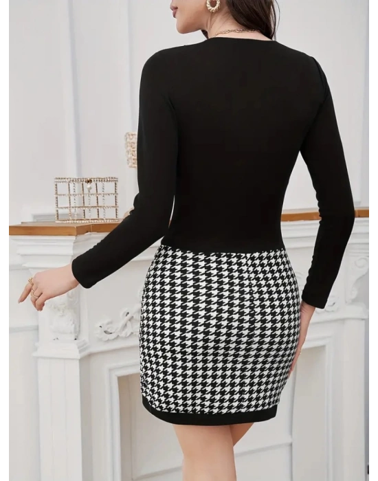 Kadın Uzun Kollu V Yakalı Kaz Ayağı Desenli şardonlu Dalgıç Elbise