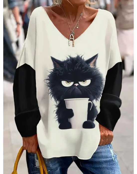 Kadın Uzun Kollu V Yakalı Kedi Baskılı şardonlu Dalgıç Bluz