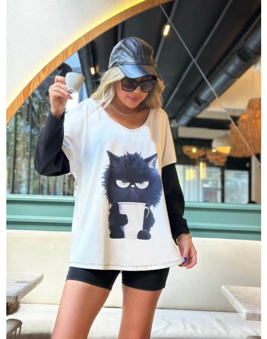 Kadın Uzun Kollu V Yakalı Kedi Baskılı şardonlu Dalgıç Bluz