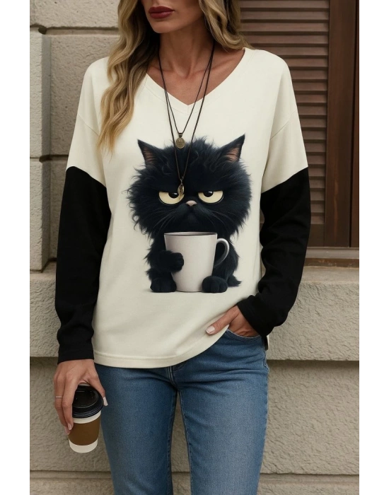 Kadın Uzun Kollu V Yakalı Kedi Baskılı şardonlu Dalgıç Bluz