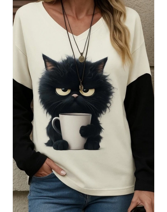 Kadın Uzun Kollu V Yakalı Kedi Baskılı şardonlu Dalgıç Bluz