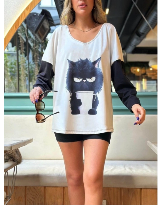 Kadın Uzun Kollu V Yakalı Kedi Baskılı şardonlu Dalgıç Bluz
