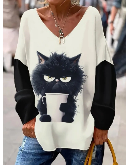 Kadın Uzun Kollu V Yakalı Kedi Baskılı şardonlu Dalgıç Bluz