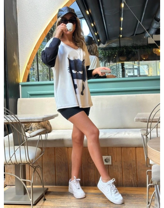 Kadın Uzun Kollu V Yakalı Kedi Baskılı şardonlu Dalgıç Bluz