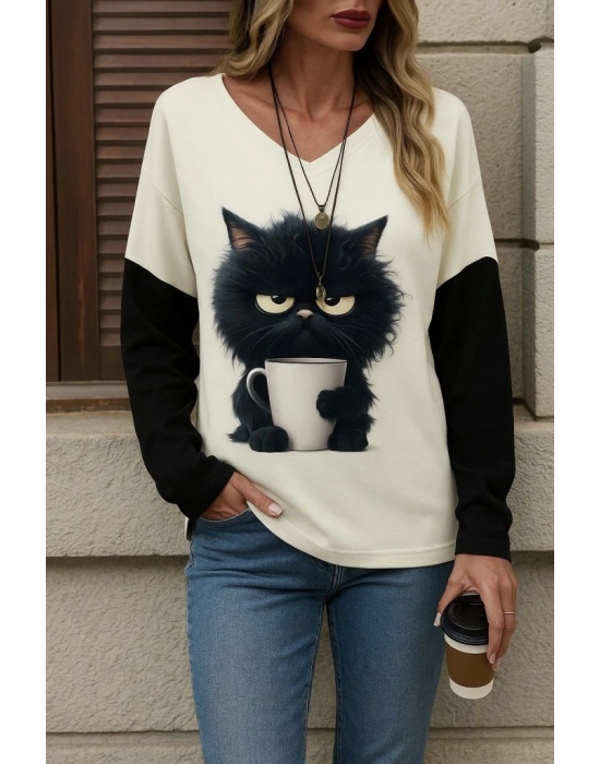 Kadın Uzun Kollu V Yakalı Kedi Baskılı şardonlu Dalgıç Bluz
