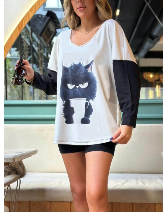 Kadın Uzun Kollu V Yakalı Kedi Baskılı şardonlu Dalgıç Bluz