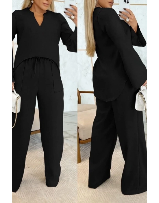 Kadın Uzun Kollu V Yakalı Keten Bluz Bağcıklı Pantolon Ikili Takım