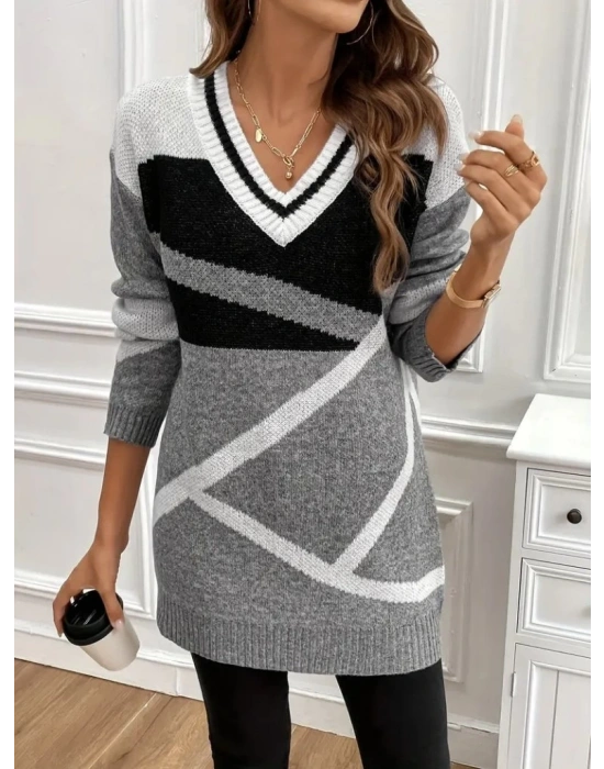 Kadın Uzun Kollu V Yakalı Kısa Triko Elbise