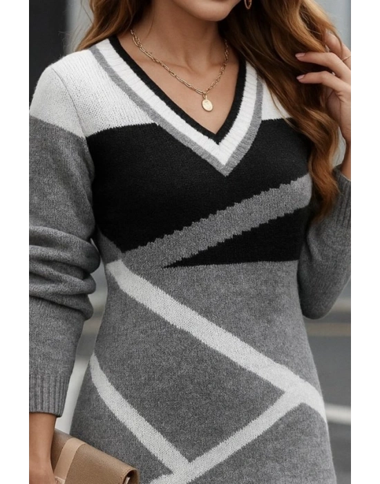 Kadın Uzun Kollu V Yakalı Kısa Triko Elbise