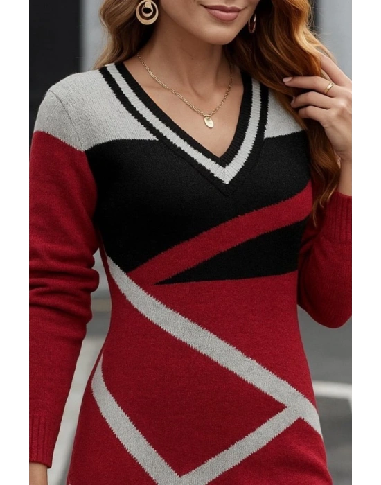 Kadın Uzun Kollu V Yakalı Kısa Triko Elbise