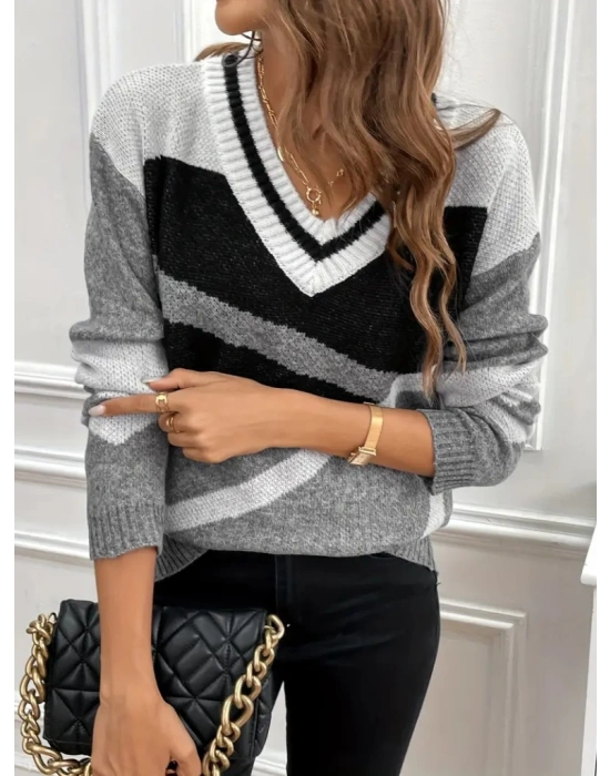 Kadın Uzun Kollu V Yakalı Kısa Triko Elbise