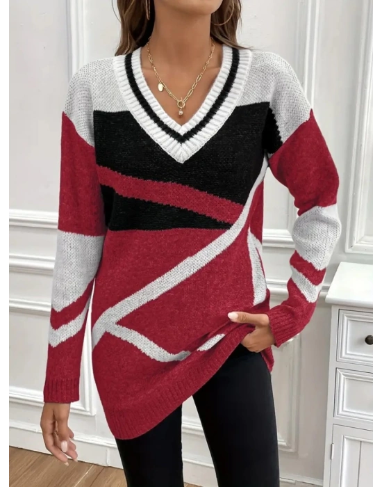 Kadın Uzun Kollu V Yakalı Kısa Triko Elbise