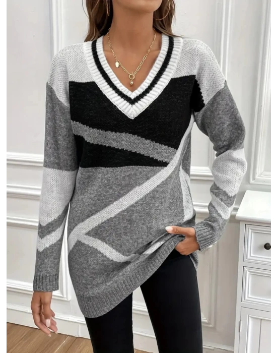 Kadın Uzun Kollu V Yakalı Kısa Triko Elbise