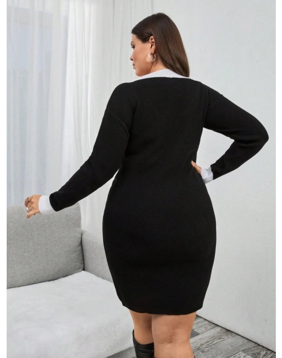 Kadın Uzun Kollu V Yakalı Kısa Triko Elbise