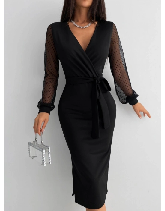 Kadın Uzun Kollu V Yakalı Kollar Puantiyeli Beli Kuşaklı idi Krep Elbise