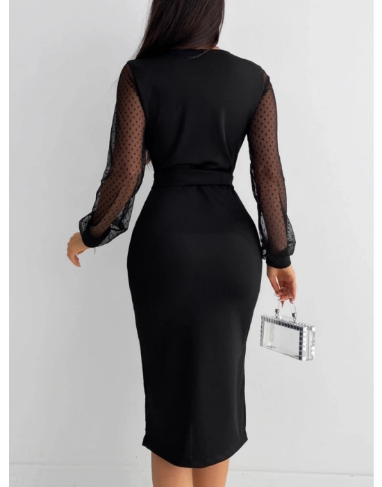 Kadın Uzun Kollu V Yakalı Kollar Puantiyeli Beli Kuşaklı idi Krep Elbise