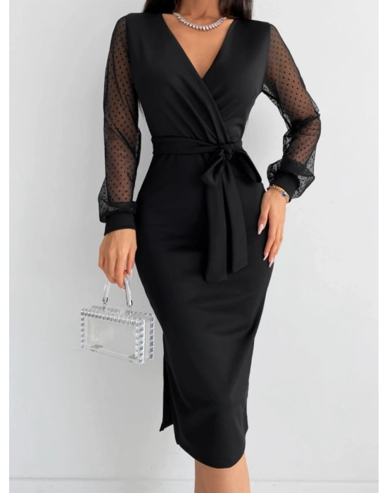 Kadın Uzun Kollu V Yakalı Kollar Puantiyeli Beli Kuşaklı idi Krep Elbise