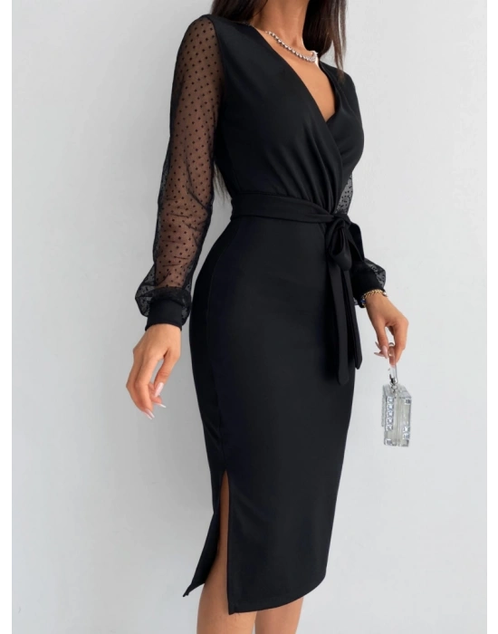 Kadın Uzun Kollu V Yakalı Kollar Puantiyeli Beli Kuşaklı idi Krep Elbise