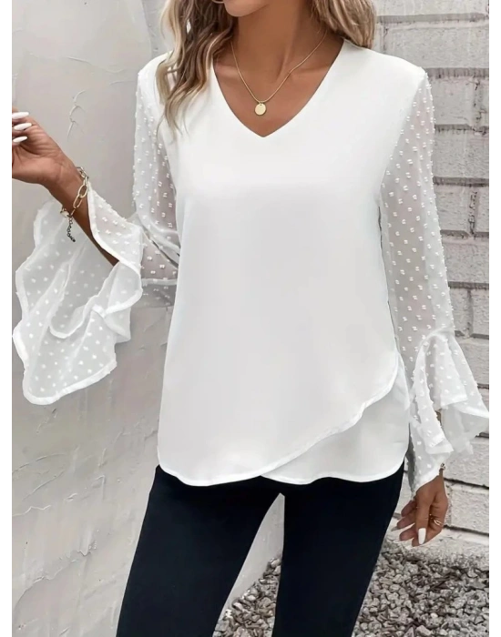 Kadın Uzun Kollu V Yakalı Kolları Ispanyol Detayı Sandy Bluz