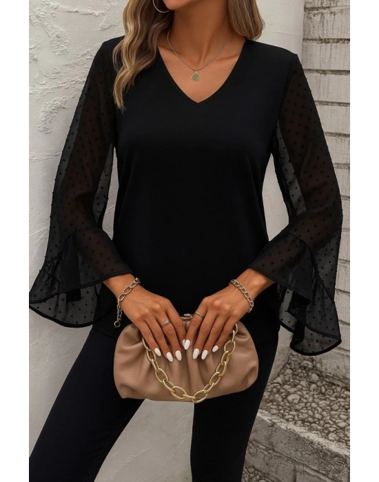 Kadın Uzun Kollu V Yakalı Kolları Ispanyol Detayı Sandy Bluz