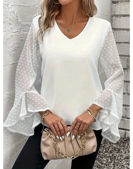 Kadın Uzun Kollu V Yakalı Kolları Ispanyol Detayı Sandy Bluz