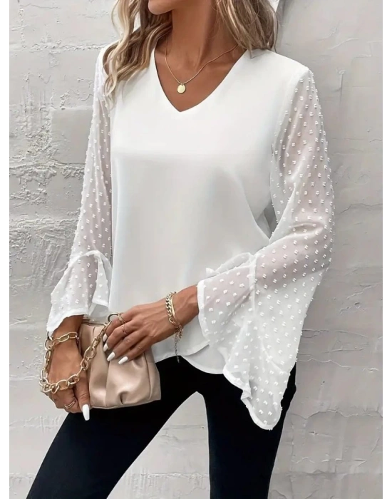 Kadın Uzun Kollu V Yakalı Kolları Ispanyol Detayı Sandy Bluz