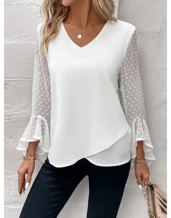 Kadın Uzun Kollu V Yakalı Kolları Ispanyol Detayı Sandy Bluz