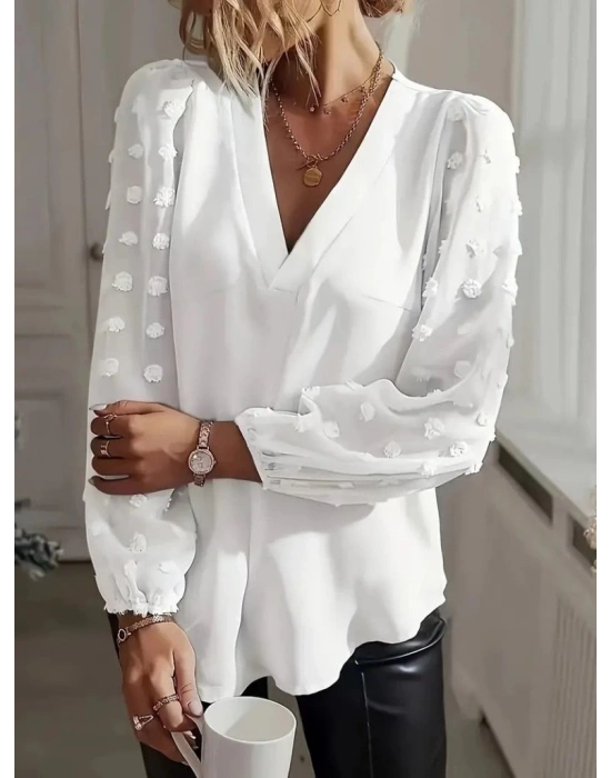 Kadın Uzun Kollu V Yakalı Kolları Popon Detaylı Sandy Bluz