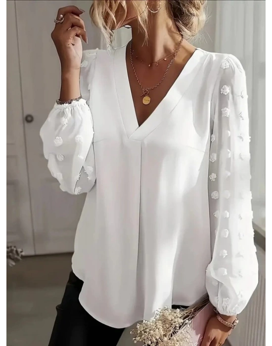 Kadın Uzun Kollu V Yakalı Kolları Popon Detaylı Sandy Bluz