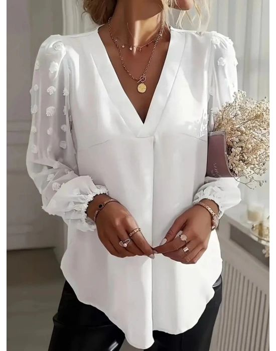 Kadın Uzun Kollu V Yakalı Kolları Popon Detaylı Sandy Bluz