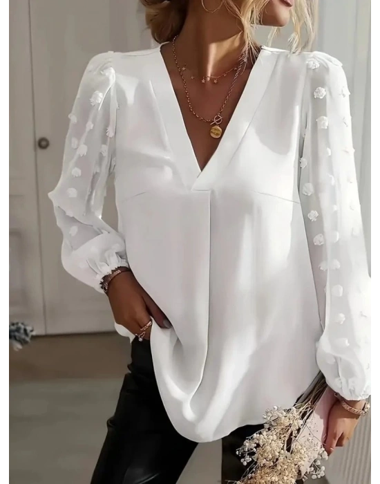 Kadın Uzun Kollu V Yakalı Kolları Popon Detaylı Sandy Bluz