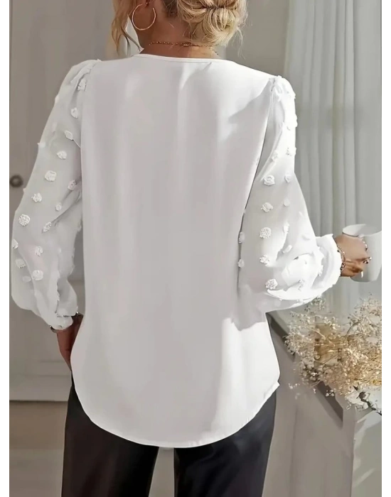 Kadın Uzun Kollu V Yakalı Kolları Popon Detaylı Sandy Bluz