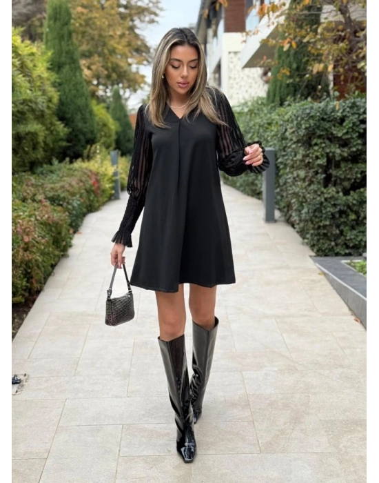 Kadın Uzun Kollu V Yakalı Kolları Tül Detay Kısa Krep Elbise