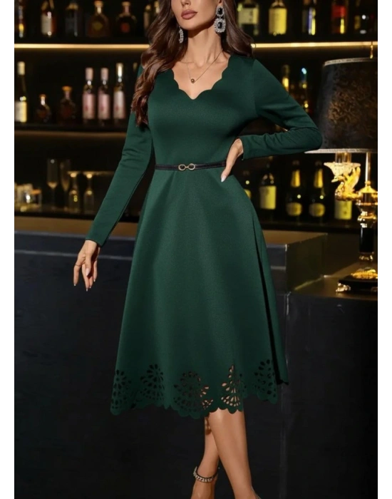 Kadın Uzun Kollu V Yakalı Lazer Kesim Detaylı Midi Ithal Krep Elbise