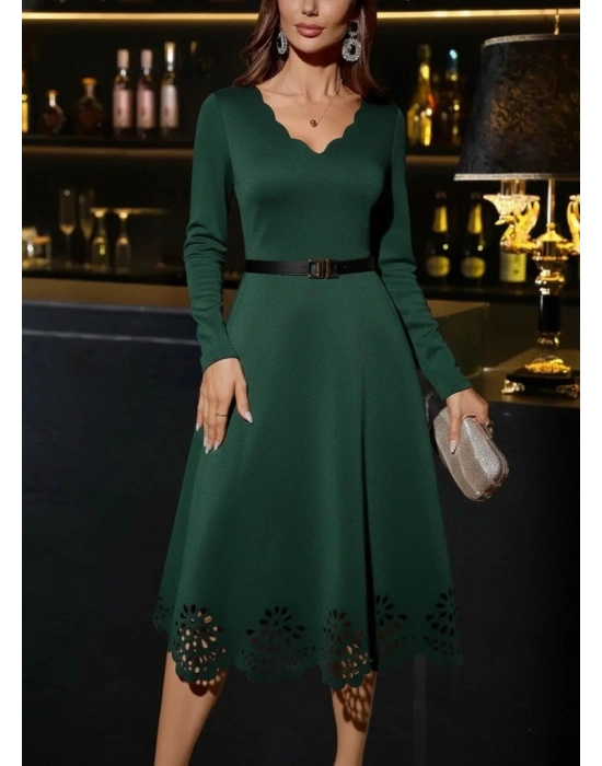 Kadın Uzun Kollu V Yakalı Lazer Kesim Detaylı Midi Ithal Krep Elbise