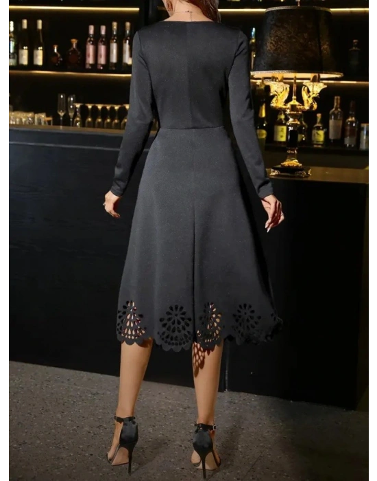 Kadın Uzun Kollu V Yakalı Lazer Kesim Detaylı Midi Ithal Krep Elbise