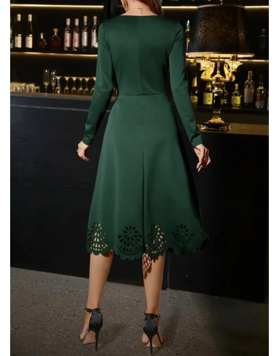 Kadın Uzun Kollu V Yakalı Lazer Kesim Detaylı Midi Ithal Krep Elbise