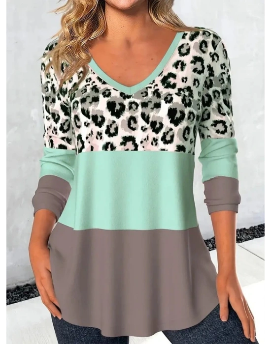 Kadın Uzun Kollu V Yakalı Leopar Baskılı şardonlu Dalgıç Bluz