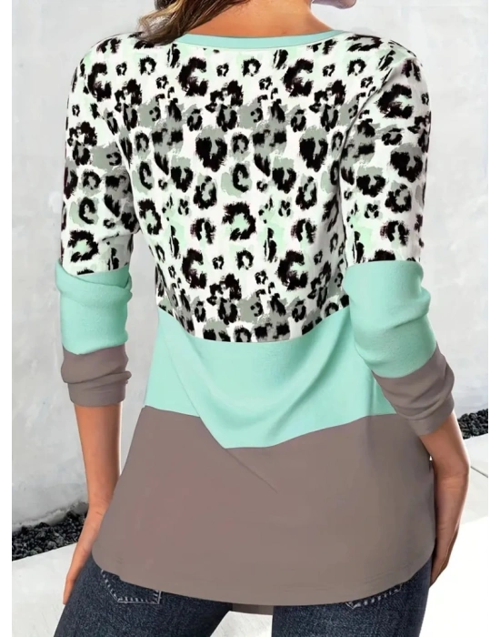 Kadın Uzun Kollu V Yakalı Leopar Baskılı şardonlu Dalgıç Bluz