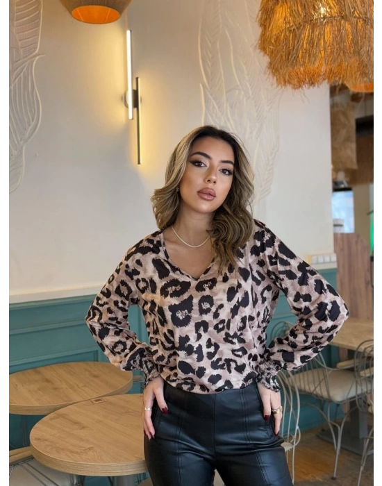 Kadın Uzun Kollu V Yakalı Leopar Desenli Dalgıç Bluz