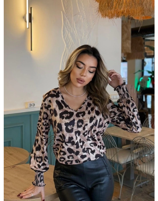 Kadın Uzun Kollu V Yakalı Leopar Desenli Dalgıç Bluz