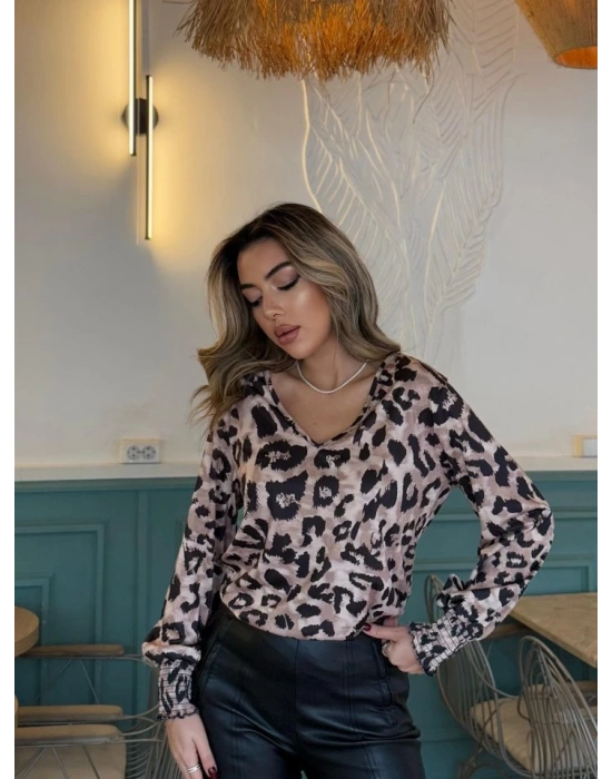 Kadın Uzun Kollu V Yakalı Leopar Desenli Dalgıç Bluz