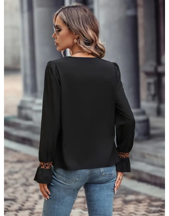 Kadın Uzun Kollu V Yakalı Leopar Detaylı Krep Bluz