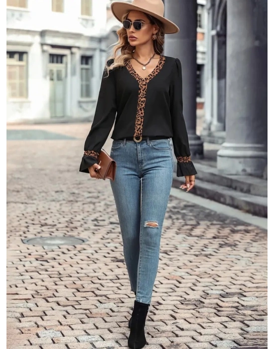 Kadın Uzun Kollu V Yakalı Leopar Detaylı Krep Bluz