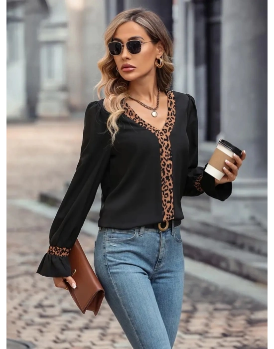 Kadın Uzun Kollu V Yakalı Leopar Detaylı Krep Bluz