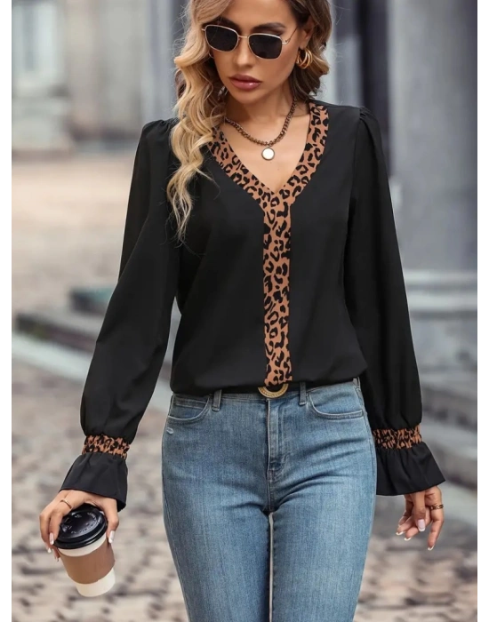 Kadın Uzun Kollu V Yakalı Leopar Detaylı Krep Bluz