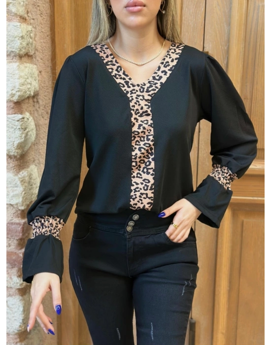Kadın Uzun Kollu V Yakalı Leopar Detaylı Krep Bluz