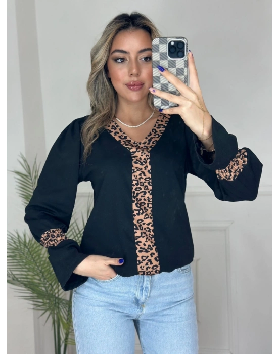 Kadın Uzun Kollu V Yakalı Leopar Detaylı Krep Bluz