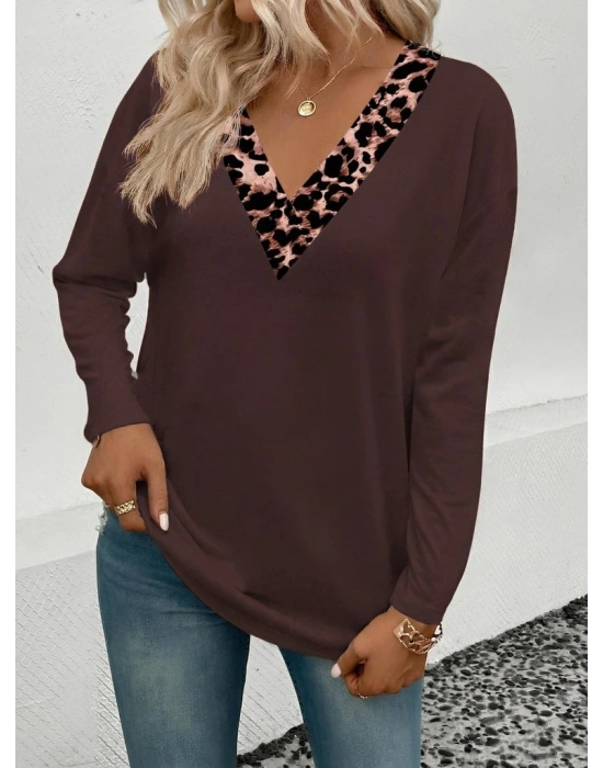 Kadın Uzun Kollu V Yakalı Leopar Detaylı Viskon Iki Iplik Bluz