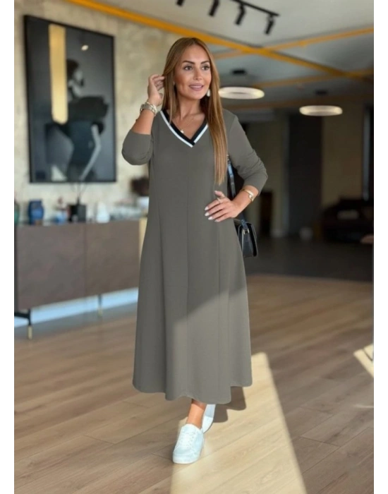 Kadın Uzun Kollu V Yakalı Midi çağla Yeşili Modal Elbise